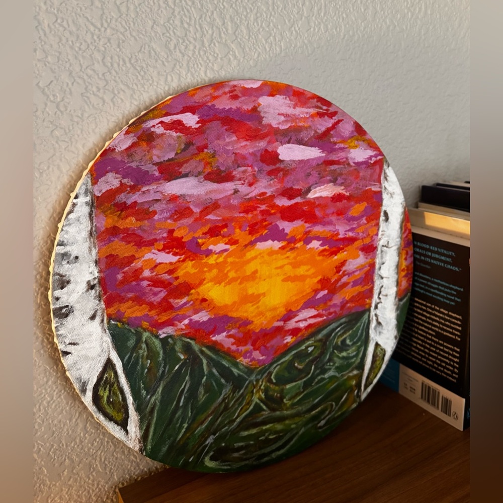 Original 14” Round Acrylic Sunset Painting | Birch Tree Landscape | Modern Art